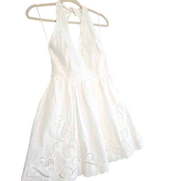 Zara White Cotton Eyelet Embroidered V-Neck Mini Halter Dress Lined Size Large - Picture 9 of 13